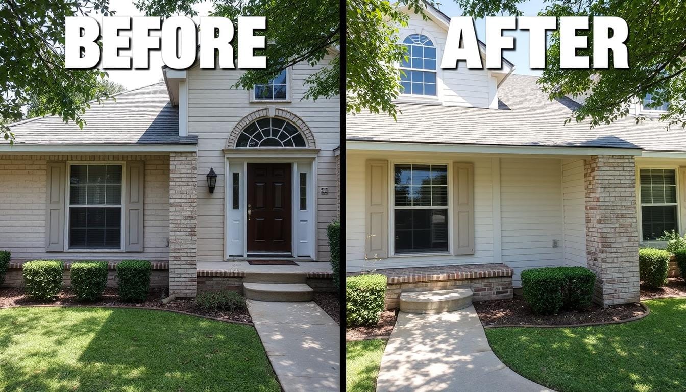 Before and after pressure washing results in League City showing dramatic improvement to home exterior
