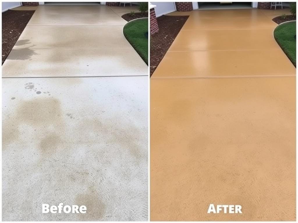 Before and after comparison of pressure washing a driveway by All-In-One Pressure Washing Services