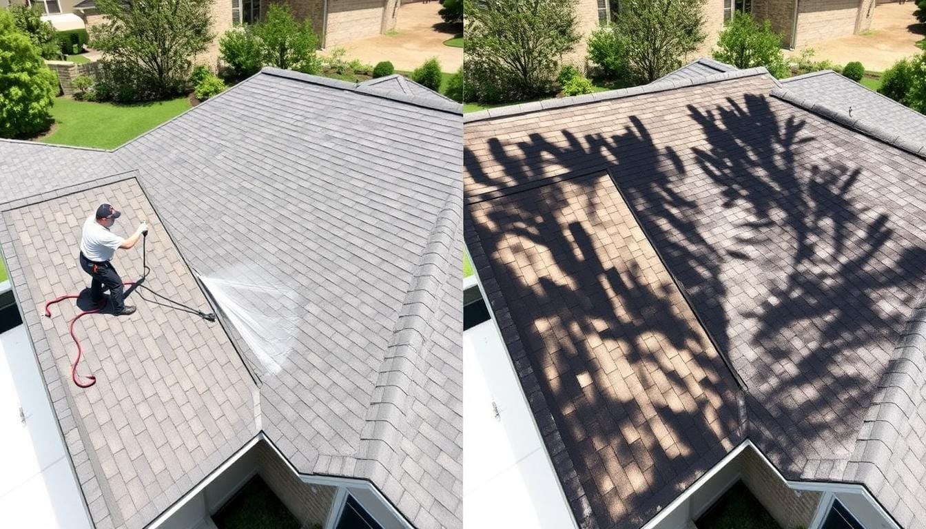 Professional roof-washing service in League City removing black streaks and algae