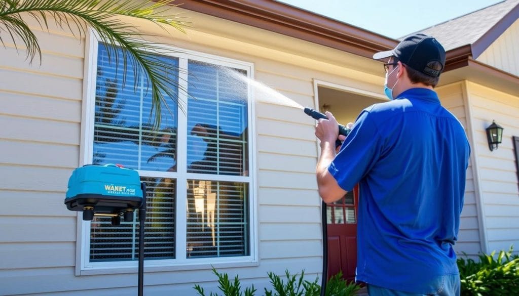 Soft washing process being applied to a home exterior in League City