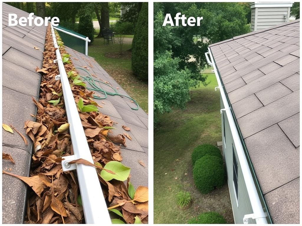 Before and after gutter cleaning comparison in League City