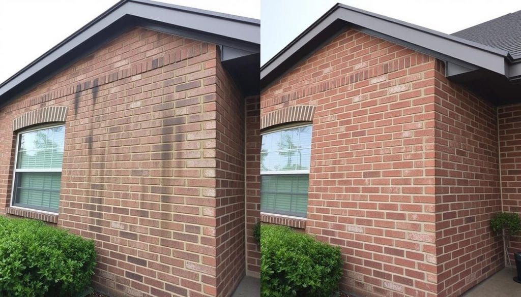 Before and after house washing of brick home in League City showing removal of dirt and mildew Before and after house washing of brick home in League City showing removal of dirt and mildew
