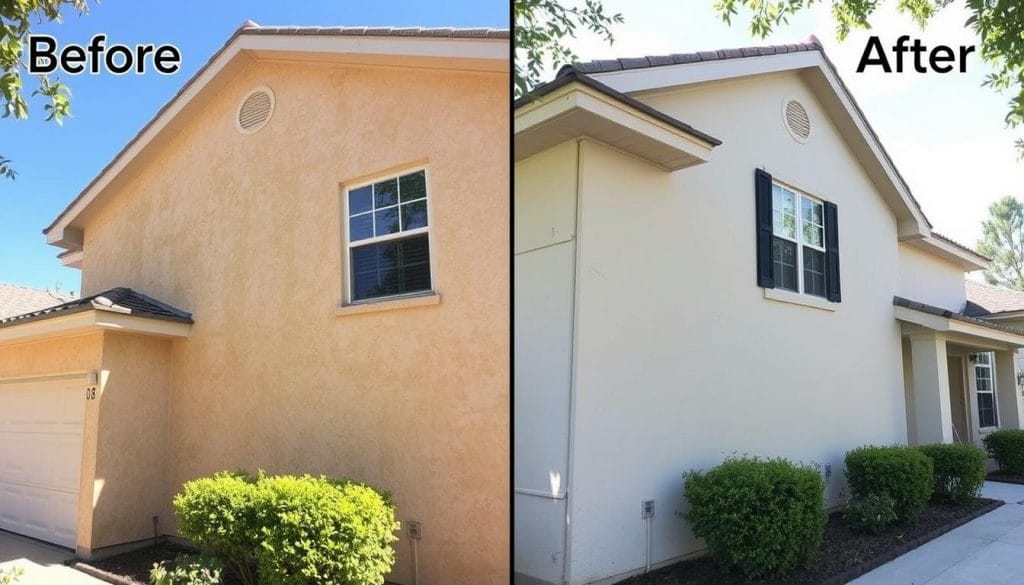 Before and after house washing of stucco surface in League City showing dramatic improvement Before and after house washing of stucco surface in League City showing dramatic improvement
