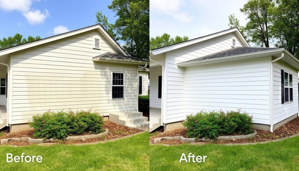 Before and after house washing of vinyl siding in League City showing removal of green algae Before and after house washing of vinyl siding in League City showing removal of green algae