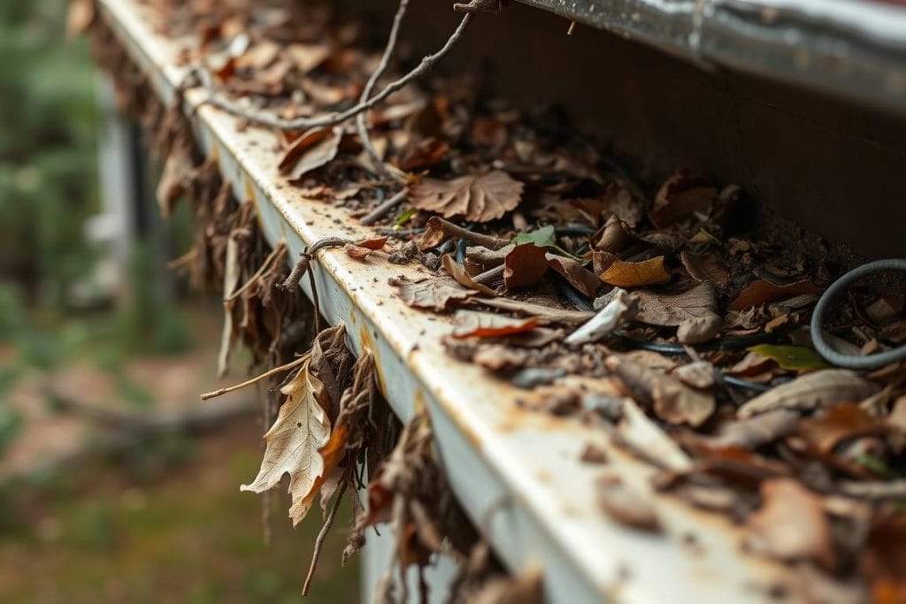 Clogged gutter system requiring professional gutter cleaning