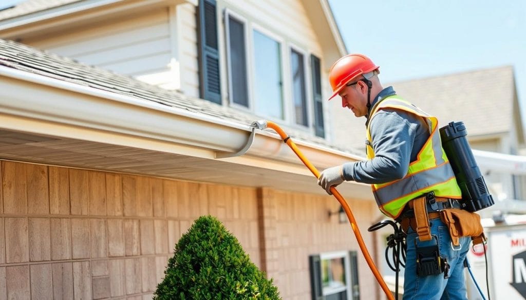 Professional gutter cleaning technician working on League City home