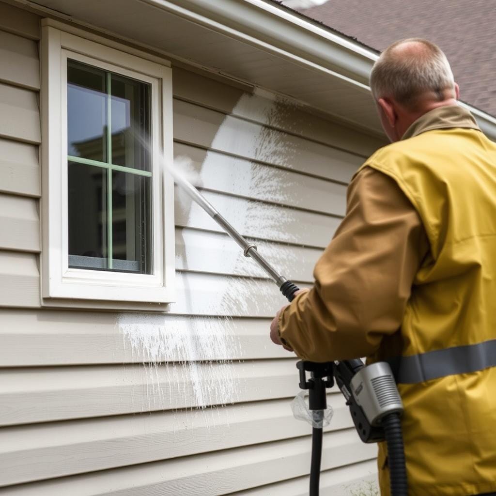 Soft washing technique being used on vinyl siding in League City Soft washing technique being used on vinyl siding in League City