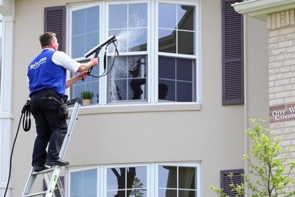 Exterior window cleaning on a League City home Exterior window cleaning on a League City home
