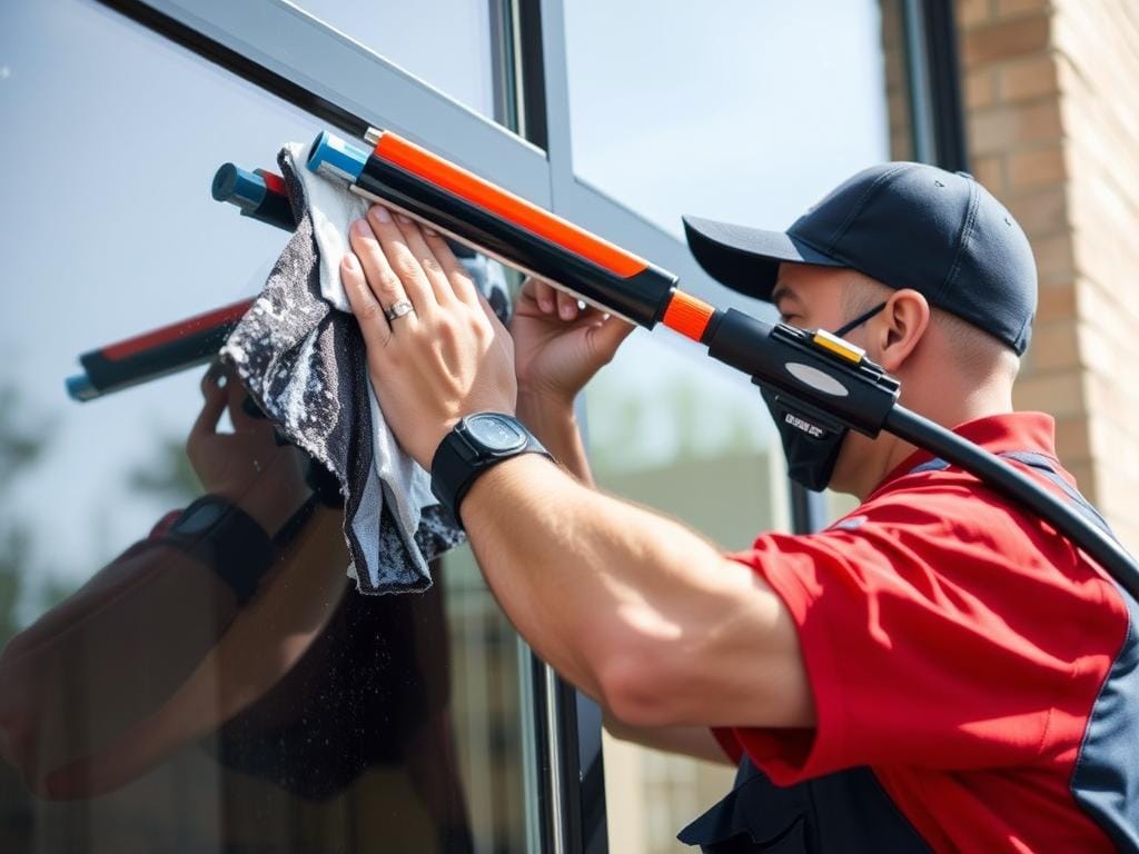 Window cleaning professional using squeegee technique in League City Window cleaning professional using squeegee technique in League City