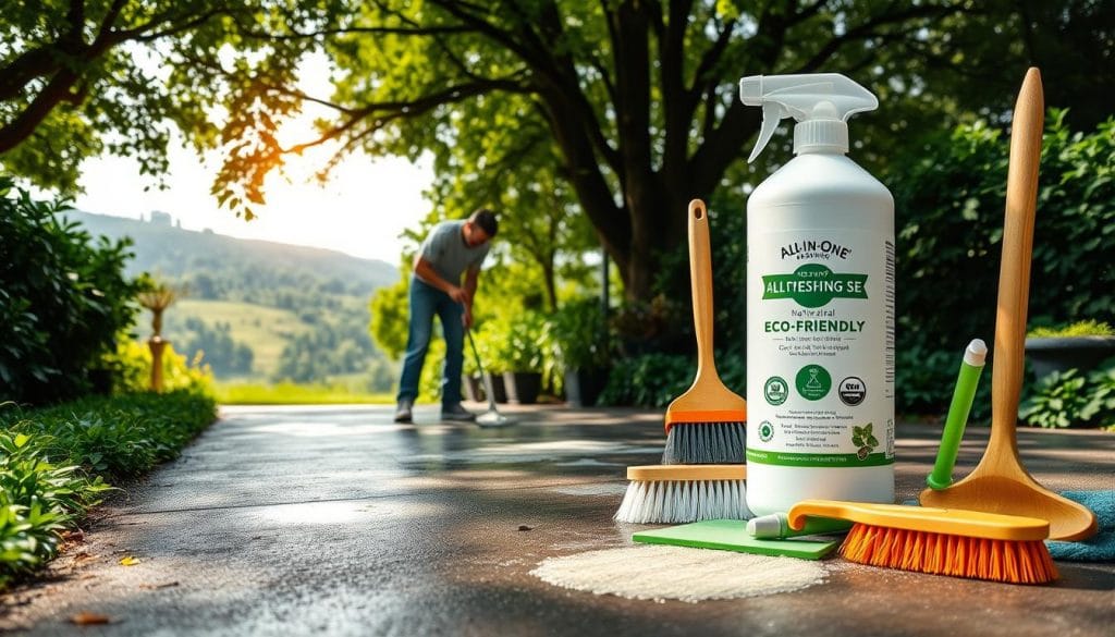 A lush, verdant driveway surrounded by flourishing greenery. In the foreground, a person diligently scrubs the surface with a natural, eco-friendly cleaning solution from "All-In-One Pressure Washing Se". The mid-ground features a variety of sustainable cleaning tools and brushes, their vibrant colors complementing the organic ambiance. The background showcases a picturesque landscape, with gentle sunlight filtering through the canopy of trees, casting a warm, inviting glow. The scene conveys a sense of environmental harmony, showcasing effective yet eco-conscious driveway cleaning practices.
