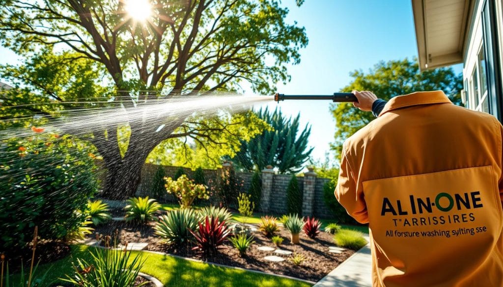 A lush, vibrant outdoor scene showcasing eco-friendly pressure washing practices. In the foreground, a person using a high-efficiency, low-pressure wand to gently cleanse a residential exterior. Biodegradable <a href='https://allinonepressurewashingservices.com/exterior-house-cleaning-comprehensive-solutions-for-your-home/'>cleaning solution</a> cascades down the surface, leaving it sparkling clean without harsh chemicals. In the middle ground, a well-maintained, landscaped yard with native plants and a rain garden. The background features a clear blue sky, with sunlight filtering through the leafy canopy of mature trees. The branding "All-In-One Pressure Washing Se" is prominently displayed on the worker's uniform, emphasizing their commitment to sustainable practices.” title=”A lush, vibrant outdoor scene showcasing eco-friendly pressure washing practices. In the foreground, a person using a high-efficiency, low-pressure wand to gently cleanse a residential exterior. Biodegradable <a href='https://allinonepressurewashingservices.com/exterior-house-cleaning-comprehensive-solutions-for-your-home/'>cleaning solution</a> cascades down the surface, leaving it sparkling clean without harsh chemicals. In the middle ground, a well-maintained, landscaped yard with native plants and a rain garden. The background features a clear blue sky, with sunlight filtering through the leafy canopy of mature trees. The branding "All-In-One Pressure Washing Se" is prominently displayed on the worker's uniform, emphasizing their commitment to sustainable practices.” width=”1024″ height=”585″ class=”aligncenter size-large wp-image-2292″ /></p>
<p>At All-In-One Pressure Washing Services LLC, we prioritize protecting the environment while ensuring clean exteriors. Our <em>exterior surface cleaning</em> methods are designed to be sustainable without sacrificing quality. By adopting eco-conscious strategies, businesses can meet their environmental obligations effectively.</p>
<p>Eco-Friendly Practices<br />
Our team employs equipment that minimizes energy consumption and waste. We use targeted <a href='https://allinonepressurewashingservices.com/roof-cleaning-services-in-league-city-tx-surrounding-areas/'>cleaning zones to focus on necessary areas,</a> reducing resource usage. This method maintains cleanliness while aligning with environmental goals.</p>
<p>Water Usage and Conservation<br />
Advanced nozzles and pressure settings reduce water waste by up to 30%. Reclaimed water systems and dripless tools prevent runoff, protecting local waterways. These measures ensure efficient <em>exterior surface cleaning</em> while preserving natural resources.</p>
<p>Biodegradable Cleaning Solutions<br />
We use non-toxic, plant-based detergents that break down quickly, leaving no harmful residues. These solutions effectively remove grime from various surfaces without polluting soil or water supplies.</p>
<p>All-In-One Pressure Washing Services LLC (281) 393-7216 offers League City, TX businesses eco-conscious <em>exterior surface cleaning</em> that balances sustainability with professional results. Schedule a consultation today to learn how green practices can enhance your property’s appearance responsibly.</p>
<h2>Safety Measures During Pressure Washing</h2>
<p><b>Commercial pressure washing contractors</b> focus on safety to safeguard workers and properties. All-In-One Pressure Washing Services LLC adheres to strict protocols for every job. Employees receive comprehensive training to manage high-pressure equipment and dangerous situations. This dedication meets industry standards for safe operations.</p>
<h3>Employee Training and Protocols</h3>
<p>At All-In-One Pressure Washing Services LLC, technicians undergo safety drills and certification programs. They learn about operating machinery, responding to emergencies, and following OSHA guidelines. Regular refresher courses keep the team updated on the latest safety practices.</p>
<h3>Use of Protective Gear</h3>
<ul>
<li>Hard hats and safety goggles for head/eye protection</li>
<li>Non-slip footwear for wet surfaces</li>
<li>Heavy-duty gloves to handle chemicals</li>
</ul>
<h3>Assessing Potential Hazards</h3>
<p>Before beginning, crews thoroughly inspect the work area for potential risks. They look for uneven surfaces or unstable structures. A detailed checklist helps identify electrical hazards or fragile materials. This approach prevents accidents and reduces property damage.</p>
<table>
<tr>
<th>Safety Step</th>
<th>Implementation</th>
</tr>
<tr>
<td>Risk assessment</td>
<td>Pre-job site evaluation</td>
</tr>
<tr>
<td>Equipment checks</td>
<td>Pre-use inspections of nozzles and hoses</td>
</tr>
</table>
<p>For more information on safety standards, visit <a href=