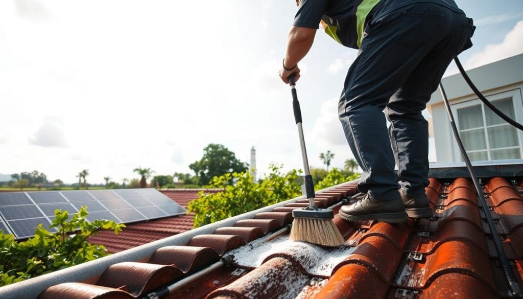 A serene rooftop scene showcasing eco-friendly roof cleaning techniques. In the foreground, a skilled technician from All-In-One Pressure Washing Se carefully applies a biodegradable <a href='https://allinonepressurewashingservices.com/exterior-house-cleaning-comprehensive-solutions-for-your-home/'>cleaning solution</a> to the roof tiles using a soft-bristle brush, minimizing environmental impact. In the middle ground, lush greenery and solar panels accentuate the sustainable approach. The background features a cloudless sky with warm, natural lighting, creating a calming, environmentally conscious atmosphere. The camera angle is slightly elevated, capturing the efficient yet gentle cleaning process in vivid detail.” title=”A serene rooftop scene showcasing eco-friendly roof cleaning techniques. In the foreground, a skilled technician from All-In-One Pressure Washing Se carefully applies a biodegradable <a href='https://allinonepressurewashingservices.com/exterior-house-cleaning-comprehensive-solutions-for-your-home/'>cleaning solution</a> to the roof tiles using a soft-bristle brush, minimizing environmental impact. In the middle ground, lush greenery and solar panels accentuate the sustainable approach. The background features a cloudless sky with warm, natural lighting, creating a calming, environmentally conscious atmosphere. The camera angle is slightly elevated, capturing the efficient yet gentle cleaning process in vivid detail.” width=”1024″ height=”585″ class=”aligncenter size-large wp-image-2276″ /></p>
<p>Modern roof care doesn’t have to harm the planet. <em>Best roof cleaning techniques</em> now integrate eco-conscious methods. Companies like </p>
<h3>Biodegradable Cleaning Products</h3>
<p>Traditional chemicals leave residues that damage ecosystems. Switching to biodegradable detergents ensures no long-term environmental harm. These products:</p>
<ul>
<li>Break down naturally without polluting waterways</li>
<li>Remove algae and grime as effectively as harsh chemicals</li>
<li>Protect roofing materials from chemical corrosion</li>
</ul>
<h3>Water Conservation Practices</h3>
<p>Smart water use is key to eco-friendly cleaning. Professional services employ:</p>
<ul>
<li>Low-flow nozzles to cut water use by up to 40%</li>
<li>Targeted rinsing to avoid over-wetting surfaces</li>
<li>Recycled water systems in some operations</li>
</ul>
<p>These methods align with <em>best roof cleaning techniques</em> that preserve resources. Homeowners can request eco-audits from providers to verify sustainable practices. All-In-One’s Pasadena teams tailor water-saving strategies to each roof’s needs, proving sustainability doesn’t sacrifice quality.</p>
<h2>The Roof Cleaning Process Explained</h2>
<p>Understanding what happens during <em>roof cleaning near me</em> services builds trust and clarity. All-In-One Pressure Washing Services LLC outlines each step clearly. This ensures transparency in their process.</p>
<h3>Initial Inspection</h3>
<p>The journey begins with a detailed inspection. Technicians meticulously scan the roof for algae, moss, and debris. This step pinpoints trouble spots and charts the best cleaning path for your home.</p>
<h3>The Cleaning Procedure</h3>
<ol>
<li>Pressure washing starts by clearing loose debris and stains. It uses low-pressure settings to prevent damage.</li>
<li>Biodegradable solutions then target tough growth. They safely break down organic matter.</li>
<li>Lastly, a thorough rinse removes any leftover residue from shingles or gutters.</li>
</ol>
<h3>Post-Cleaning Care</h3>
<p>Following the service, clients receive guidance to maintain their roof’s health. They’re advised to regularly check for debris and schedule annual cleanings. All-In-One Pressure Washing Services LLC in League City provides follow-up checks to guarantee lasting results. Homeowners can count on their local team for ongoing maintenance plans.</p>
<h2>Cost of Roof Cleaning in League City</h2>
<p>Roof cleaning costs vary based on several factors. Knowing these details helps homeowners plan budgets effectively while seeking <em>affordable roof cleaning</em> options.</p>
<h3>Factors Influencing Pricing</h3>
<p>Costs depend on:</p>
<ul>
<li>Roof size measured in square footage</li>
<li>Severity of algae, moss, or debris buildup</li>
<li>Cleaning methods used (pressure washing vs. chemical treatments)</li>
</ul>
<h3>Average Cost Estimates</h3>
<p>Most homeowners in League City pay between $200–$600 for standard residential roofs. Larger homes or heavily contaminated surfaces may require additional fees. <a href=