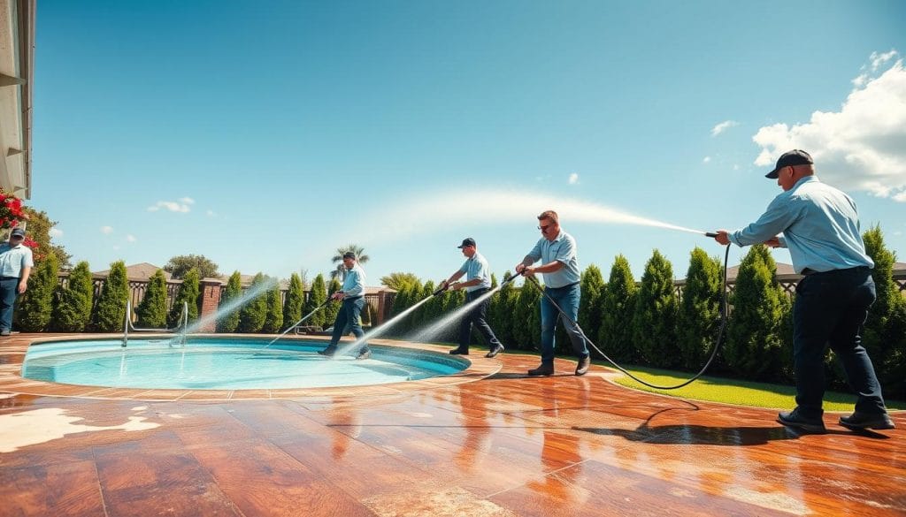 A sunny day in League City, TX. On a well-maintained pool deck, a team of "All-In-One Pressure Washing Se" professionals work diligently. They expertly wield high-pressure water hoses, removing grime and moss from the weathered surface. Clad in uniform shirts, they move with precision, their actions captured in a cinematic wide-angle shot. The vibrant green landscaping and clear blue sky provide a captivating backdrop, conveying a sense of pristine cleanliness and customer satisfaction. The scene radiates professionalism and attention to detail, perfectly showcasing the exceptional service offered by this local deck cleaning company.