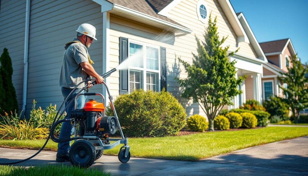 A well-lit, high-resolution scene depicting a siding pressure wash service in action. In the foreground, a power washer operator using an All-In-One Pressure Washing Se machine to blast away grime and mildew from a residential home's exterior siding. The operator is wearing appropriate safety gear and the machine is spraying a concentrated stream of water at the siding. In the middle ground, freshly washed siding glows with a new, vibrant appearance. The background shows a neatly landscaped suburban neighborhood, with lush greenery and clear blue skies. The overall atmosphere conveys the importance of regular power washing for maintaining a home's curb appeal and protecting its surfaces.