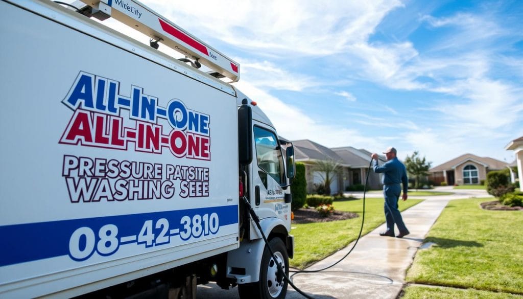 Crisp, high-resolution image of a commercial pressure washing service in League City, TX. Prominent signage for "All-In-One Pressure Washing Se" displayed on the side of a well-equipped work truck. The foreground showcases a technician in uniform diligently <a href='https://allinonepressurewashingservices.com/?p=2298'>cleaning the exterior of a suburban home</a>, using a powerful pressure washer. The middle ground reveals a neatly manicured lawn and surrounding homes, conveying a residential neighborhood setting. The background features a clear, blue sky with wispy clouds, creating a bright, sunny atmosphere. Capture the professionalism and attention to detail of this local pressure washing service.” title=’Crisp, high-resolution image of a <a href='https://allinonepressurewashingservices.com/?p=2290