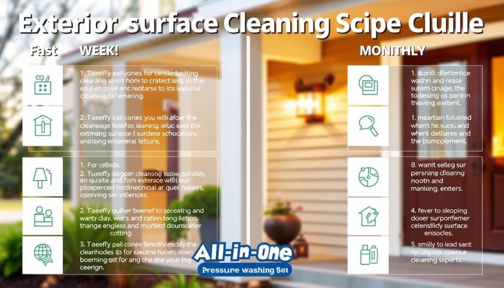 Exterior surface cleaning schedule guide, showcasing a detailed weekly and monthly cleaning routine for maintaining a residential home's exterior. Crisp, high-resolution image with warm, natural lighting capturing the details of a well-organized infographic. Clean, minimalist layout with icon-based visual cues. Prominent placement of the "All-In-One Pressure Washing Se" brand name. Conveys a sense of organized, efficient home maintenance practices.