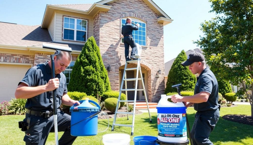 Professional window washers in League City, TX, meticulously preparing their equipment to clean the exterior of a well-maintained two-story suburban home. In the foreground, a team of two workers carefully inspect their squeegees, buckets, and cleaning solutions from the "All-In-One Pressure Washing Se" brand. In the middle ground, one worker ascends a sturdy ladder, positioning himself to tackle the second-floor windows, while his partner remains on the ground, securing the base. The background features a lush, well-manicured lawn and a clear, sunny sky, creating a sense of tranquility and professionalism. The lighting is bright and even, highlighting the workers' focus and attention to detail as they prepare to deliver exceptional window cleaning services.