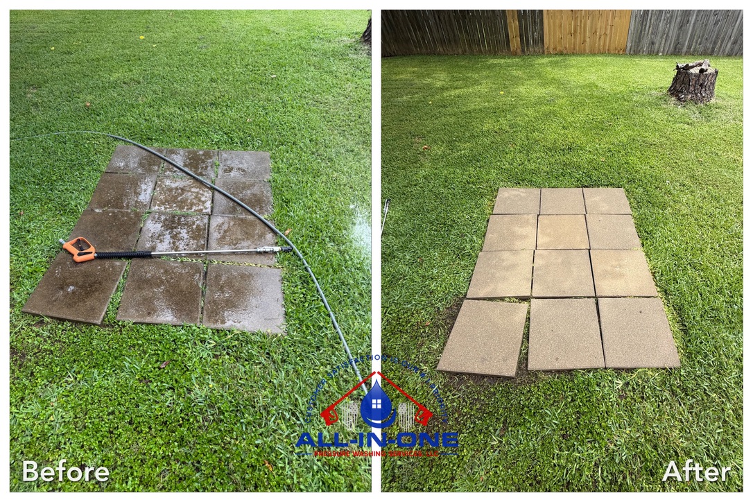 Before and after of concrete pavers on grass cleaned by pressure washing, with a wand shown on the dirty slabs.