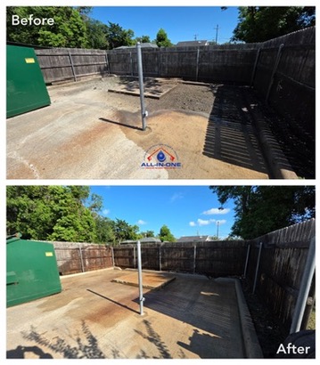 Before and after of a fenced dumpster enclosure cleaned by pressure washing, showing dirt removed from the concrete pad.