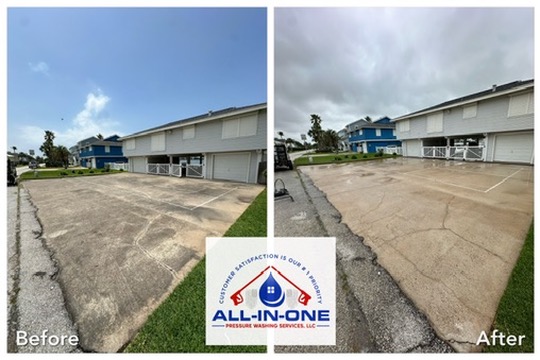 Before and after comparison of a dirty versus clean concrete driveway following pressure washing at an apartment complex.
